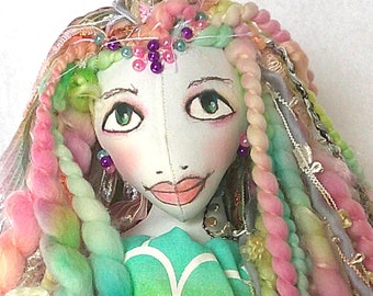 Pastel Mermaid Cloth Art Doll  Sea Maiden Nymph Soft Sculpture Ocean Figurine