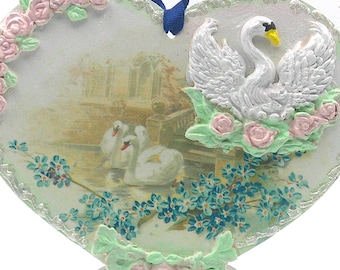 Swan Among Roses Heart Hanging Board