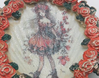 Fairy Girl Long Tresses Orange Flower Trinket Dish Seashell
