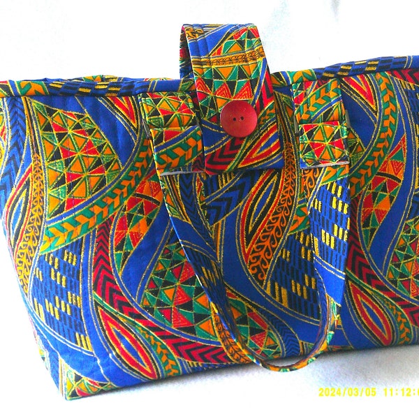Blue Gold Green Metallic African Print Fabric Design Quilted Tote Knitting Market Craft Projects Purse Handbag