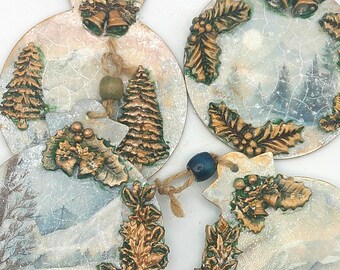 Rustic Mountain Forest Winter Holiday Ornaments  Set of 4 Air Dry Clay Christmas Varnished