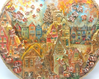 Fall Harvest Autumn Town Pumpkin Round Mixed Media Wall Art