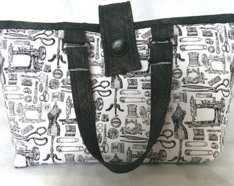 Sewing Theme  Quilted Tote with Black Binding for Knitting Market Craft Projects Black White Design