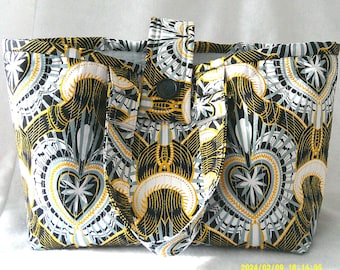 Blue Gold African Print Fabric Design Quilted Tote Knitting Market Craft Projects Purse Handbag