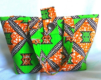 Orange Green African Print Fabric Design Quilted Tote Knitting Market Craft Projects Purse Handbag