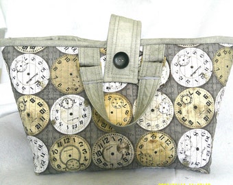 Time Clock Fabric Quilted Bag Tote Knitting Sewing Crochet Craft Project Purse Handbag Market