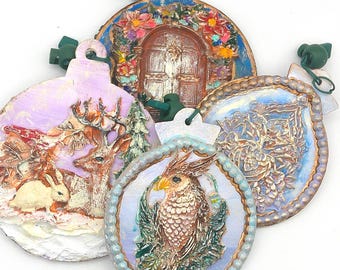 Deer Rabbit Fairy House Owl Clay Ornaments  Set of 4