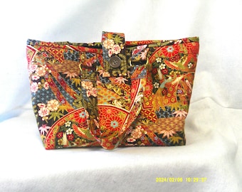 Oriental Fan Fabric Quilted Tote Craft Project Bag Crochet Knitting Purse