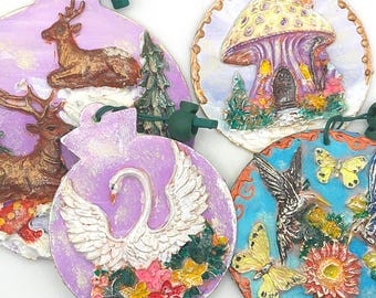 Swan Deer Fairy Mushroom House Owl Clay Ornaments  Set of 4