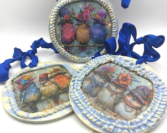 Fantasy Birds Blue Ornaments  Set of 3