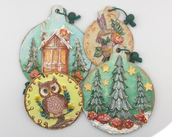 House Tree Hummingbird Owl Clay Ornaments