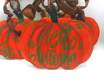 Autumn Fall Wood Pumpkin Signs  Set of 3