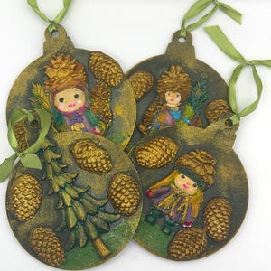 Pinecone Elf Solstice Christmas Winter Ornaments  Set of 4