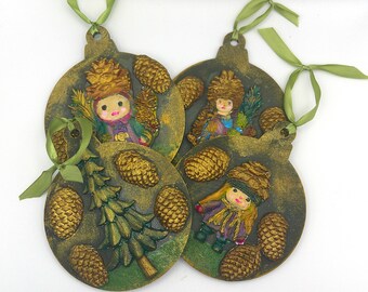 Pinecone Elf Solstice Christmas Winter Ornaments  Set of 4