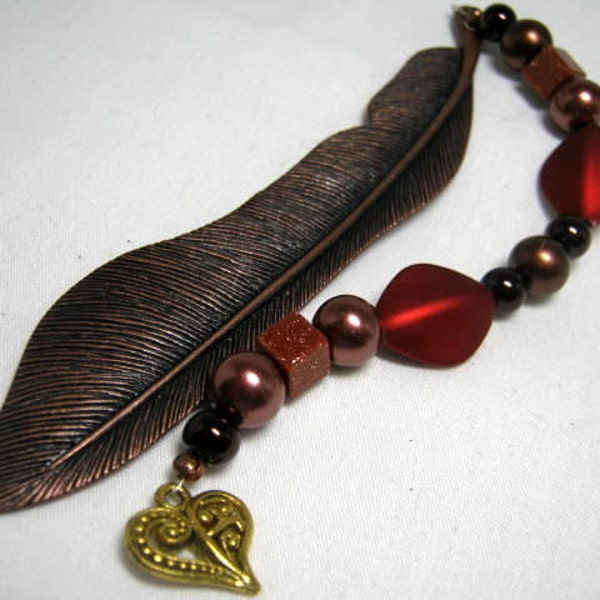 Gold Heart Red Beads Feather Bookmark Book Mark, Stocking Stuffer Student Gift