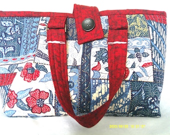 Red Blue Faux Patchwork Quilted Fabric Medium Tote Bag with Deep Red Binding for Crochet Knitting Craft Projects