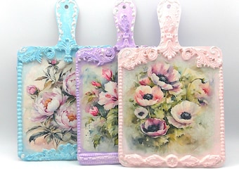 Pink Blue Purple Floral Flowers Hanging Boards  Set of 3