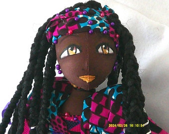 Boudoir African Print Black Cloth Art Doll Sitting Soft Figurine Ballerina