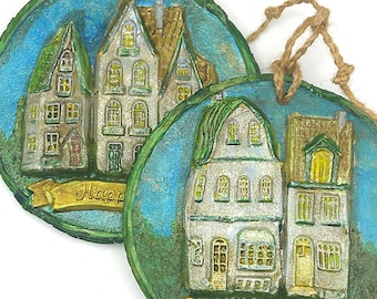 Town Houses in Blue Gray Air Dry Clay Set of Two