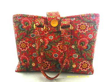 Red Floral Flower Quilted Tote Bag Medium  for Knitting Market Craft Projects Handbag Purse