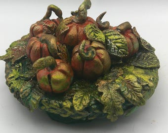 Autumn Orange Pumpkins Green Leaves Fall Decor Accent