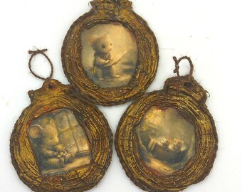 Mouse Home Forest Winter Holiday Ornaments  Set of 3Air Dry Clay Christmas Varnished