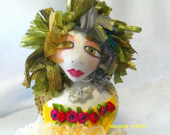 Cloth Art Doll Bust, Head and Shoulders Soft Figurine Yellow and Green Home Decor Display Doll