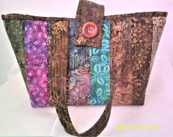 Small Strip Quilted Dark Batik Fabric Craft Project Tote Bag for Crochet and Knitting