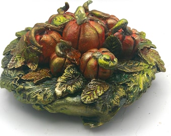 Autumn Orange Pumpkins Green Leaves Fall Decor Accent Table Scape