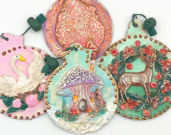 Swan Fairy House Deer Clay Ornaments  Set of 4