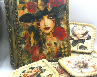 Mad Hatter Woman Flower Coasters plus Box