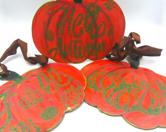 Autumn Fall Wood Pumpkin Signs  Set of 3