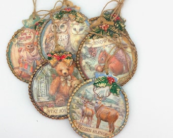 Woodland Animals Forest Winter Holiday Ornaments  Set of 6 Air Dry Clay Christmas Varnished