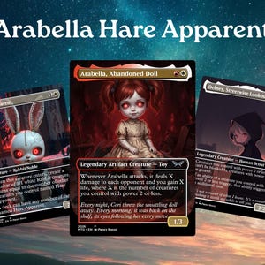May include: Three trading cards titled Arabella Hare Apparent featuring illustrations of a white rabbit with red eyes, a doll with red eyes and pigtails, and a hooded figure. The cards contain detailed text descriptions and game statistics.