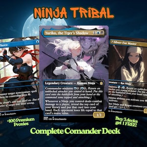 May include: Three Magic: The Gathering trading cards titled Spell Pierce, Yuriko, the Tiger's Shadow, and Silver-Fur Master. The cards feature anime-style illustrations of ninja characters. The text Ninja Tribal and Complete Commander Deck is visible.