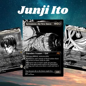 May include: Three black and white Magic: The Gathering trading cards featuring Junji Ito art. The cards are Boromir, Warden of the Tower, Ketramose, the New Dawn, and Loran of the Third Path, each displaying detailed manga-style illustrations and text.