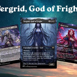May include: Three collectible trading cards featuring fantasy illustrations. The center card displays Tergrid, God of Fright, flanked by Liliana, Waker of the Dead on the left and Blood Artist on the right. Each card includes detailed character art, text, and game statistics against a dark, atmospheric background.
