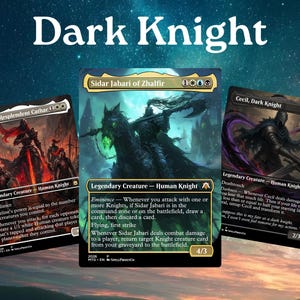 May include: Three Magic: The Gathering trading cards titled Adeline, Resplendent Cathar, Sidar Jabari of Zhalfir, and Cecil, Dark Knight. The cards feature dark fantasy illustrations of armored knights on a starry, twilight-colored background.