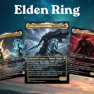 May include: Three Magic: The Gathering trading cards titled Elenda and Azor, Sidar Jabari of Zhalfir, and Aryel, Knight of Windgrace, displayed against a starry background with the text Elden Ring at the top in white lettering.