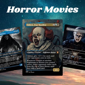 May include: Three Magic: The Gathering trading cards titled The Mindskinner, Umbris, Fear Manifest, and Pact of Negation are displayed against a starry background with the text Horror Movies at the top, featuring dark, illustrated horror-themed artwork.
