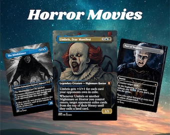 May include: Three Magic: The Gathering trading cards titled The Mindskinner, Umbris, Fear Manifest, and Pact of Negation are displayed against a starry background with the text Horror Movies at the top, featuring dark, illustrated horror-themed artwork.