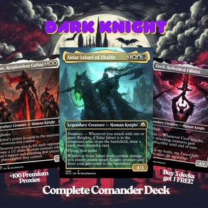 May include: Three Magic: The Gathering cards with fantasy art. The cards are labeled "Adeline, Resplendent Cathar", "Sidar Jabari of Zhalfir", and "Cecil, Redeemed Paladin". The text "DARK KNIGHT" and "Complete Commander Deck" are also visible.