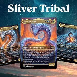 May include: Three Magic: The Gathering trading cards titled Sliver Hivelord, The First Sliver, and Sliver Legion, featuring detailed fantasy creature illustrations, text boxes with game rules, and mana symbols, displayed under the text Sliver Tribal.