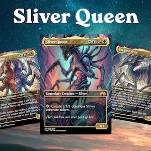 May include: Three Magic: The Gathering trading cards titled Sliver Legion, Sliver Queen, and The First Sliver are displayed against a starry sky background. Each card features intricate, colorful, stained-glass style artwork of creatures.