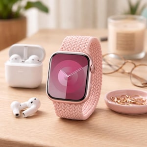 May include: A rose gold smartwatch with a pink braided band. The watch face displays a gradient of pink hues. Beside the watch are white wireless earbuds and a small pink dish with gold jewelry.