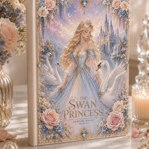 Puede incluir: Un libro de tapa dura titulado The Swan Princess Shadow Souls Book III que presenta una ilustración de una figura rubia con un vestido azul entre dos cisnes blancos con un castillo de fondo, enmarcado por rosas rosadas y flores azules.
