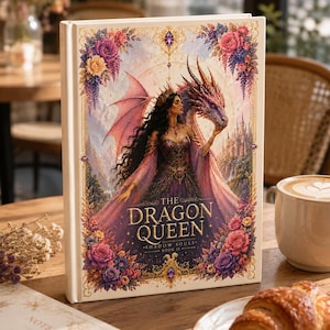 Puede incluir: Un libro de tapa dura titulado The Dragon Queen Shadow Souls Book II que presenta una ilustración de fantasía de una mujer con cabello largo y oscuro y una corona junto a un gran dragón, rodeado por un borde decorativo de rosas rosas y moradas.