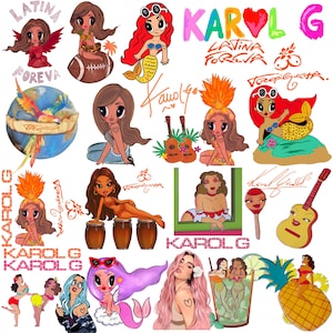 May include: A vibrant collage featuring cartoon illustrations and the text "KAROL G" in various styles. The artwork includes mermaids, musical instruments, and the words "Latina Forever."