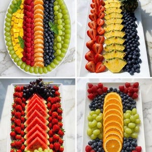 May include: A collage of four rectangular and oval white platters arranged with assorted fresh fruit. The displays feature organized rows and patterns of sliced strawberries, pineapple, watermelon, oranges, raspberries, blueberries, and green grapes.