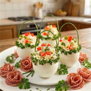 May include: Four hard-boiled egg whites filled with a creamy salad mixture, topped with diced red peppers and green herbs. Each egg is garnished with a curved chive handle and surrounded by salami slices rolled into rose shapes on a white platter.